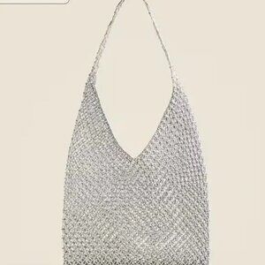 NWT J Crew Handwoven Metallic Shoulder Tote Bag Silver Metallic